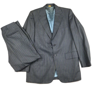 复古男式灰色和绿色条纹西装 - IMPRESARIO - 尺码 42R,裤子 32X26.5 — 第 1/4 张图片
