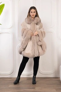 Beige Cashmere Cape With Real Fox Fur Winter clothes for women - Picture 1 of 13