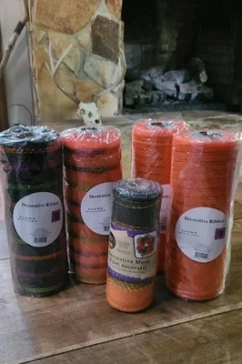 Lot Of 5 Halloween Mesh Ribbon Glitter Orange Black Solid And Striped NEW - Image 1 of 4