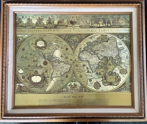 William J Blaeu Gold Foiled Wall Map of Old and New world 25”x20" Vintage Framed - Picture 1 of 11