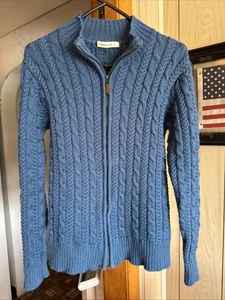 Woolovers Sweater Mens M Blue Fisherman Zip Neck Wool Jumper Cable Knit - Picture 1 of 8
