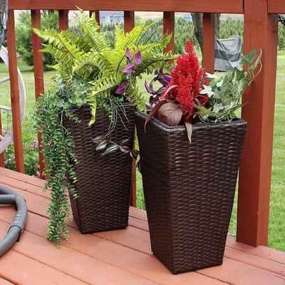Set of 2 Square Tall Wicker Planters 20" - Brown Polyrattan Outdoor Plant Pots - Image 1 of 4