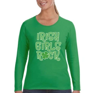 Womens St. Patrick's Day Irish Girls Rock Shamrock Clover Beer Long Sleeve Shirt - Picture 1 of 5