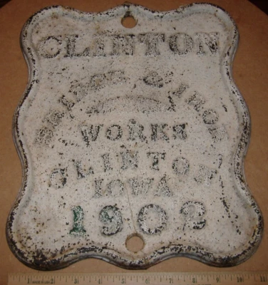 Placa de letrero de hierro fundido Clinton Bridge & Iron Works 1902 Iowa IA Foto 1 de 4