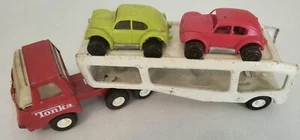 Vintage 1970s 9" Mini Tonka Toy Car Hauler Red/Lime VW Cars 55010 White Trailer  - Picture 1 of 13
