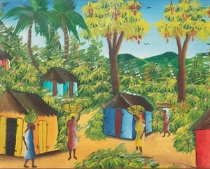 Haitian Village Scene Folk Art Painting Oil on Canvas Signed Ti Manno Colorful - Picture 1 of 5