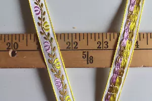 JACQUARD YELLOW PINK FLORAL DESIGN BRAID TRIM 3 YARDS X 1/2 INCHES WIDE - Picture 1 of 2