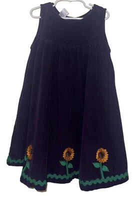 Vestido Jersey Vintage Niñas Púrpura Pana Girasoles Verde Ricrac Borde Talla 6X Foto 1 de 4