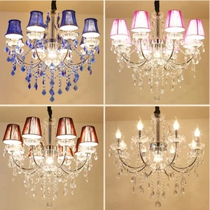 8+1 Lights Crystal Chandelier Light Fabric Lampshade Pendant Lamp Ceiling Fixtur - Picture 1 of 19