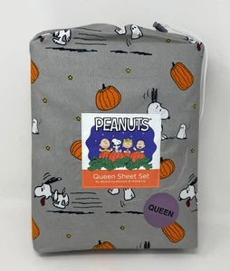 4 PC QUEEN Berkshire Peanuts Snoopy Pumpkin Halloween Ghost Gray Grey Sheet Set - Picture 1 of 3