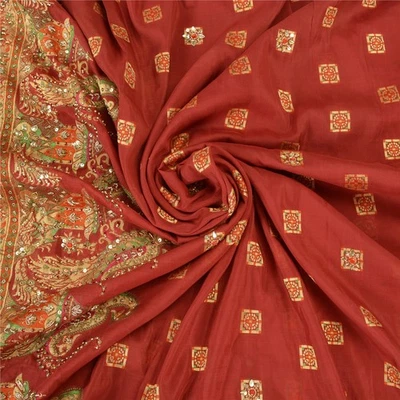 Saris Sanskriti Vintage Rojo Oscuro Pura Seda Tejido a Mano Cuentas Sari 5+Yardas Tela Foto 1 de 4