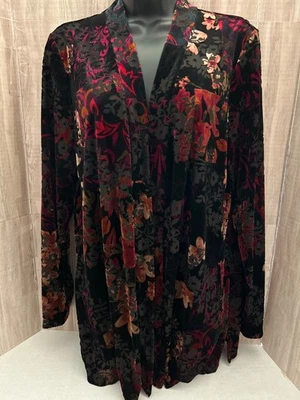 Cárdigan abierto floral de terciopelo quemado tono joya de vacaciones Susan Graver talla grande Foto 1 de 4