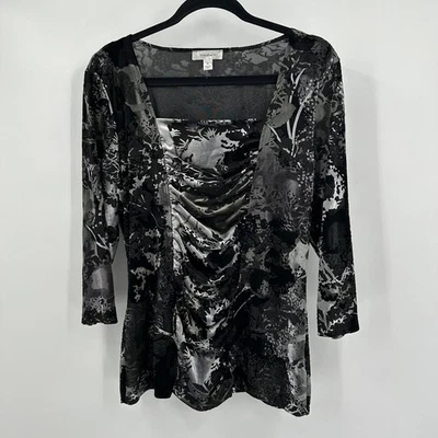 DressBarn Womens Top Size XL Whimsigoth Burnout Velvet Witchy Black Silver - Image 1 of 4