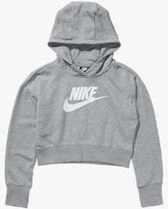 Size M - Nike Girls Sportswear Club Fleece Pullover Crop Hoodie, Grey/White - Picture 1 of 3