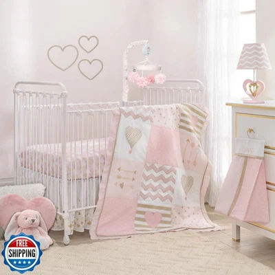 Juego de 4 piezas de ropa de cama para cuna Lambs and Ivy Baby Love rosa/oro niña corazón Foto 1 de 4
