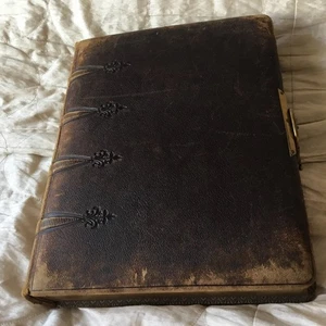 Ledergebundenes edwardianisches Fotoalbum mit vergoldeten Frühlingsfangblumenverzierten Seiten - Bild 1 von 11