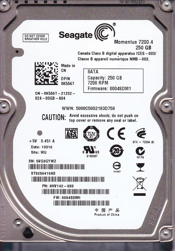 ST9250410AS  p/n: 9HV142-033 s/n: 5VG FW: 0004SDM1 WU SATA 250GB  A22-22 - Image 1 of 3