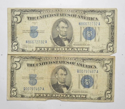 Lot 2 1934 $5.00 SILVER Certificate Blue Seal US Notes Currency Collection Cover
