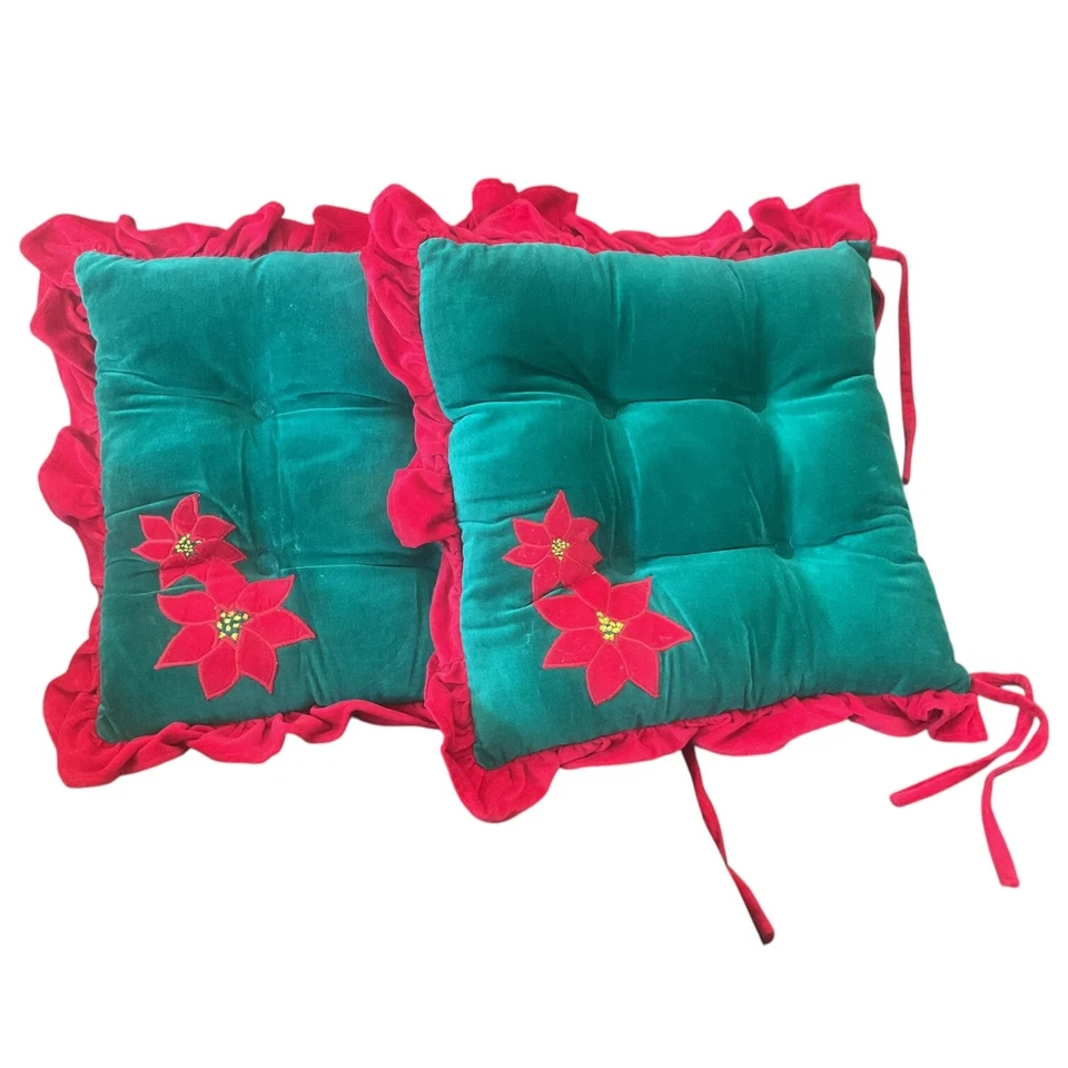 Juego de 2 Cojines de Silla Mechonados para Silla de Comedor Navidad Vacaciones Poinsetti Foto 1 de 4