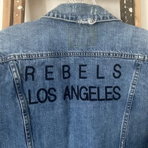 Lucky Brand Distressed Jean Jacket Sz M, REBELS LOS ANGELES - Picture 1 of 8