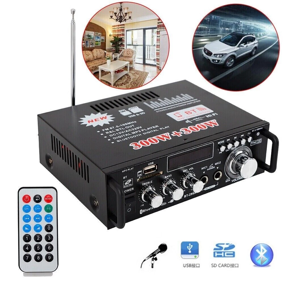 600W 12V Mini Bluetooth Hi-Fi Stereo Audio Amplificatore Digitale FM MP3 - 298BT - Immagine 1 di 4