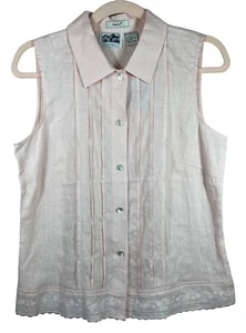 Edward Womens Irish Linen Blouse Eyelet Sleeveless Button Down Size Medium Pink - Picture 1 of 9