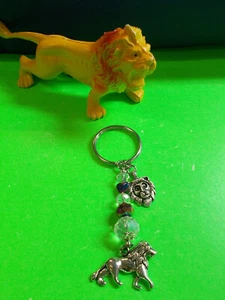 CUTE LION CHARMS ON A CRYSTAL BEAD KEY RING - HEMATITE / CLEAR # 45 K - Picture 1 of 9