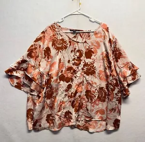 Zac & Rachel Woman 3X Floral Print Top Peach & Rust Ruffled Sleeves Lightweight - Picture 1 of 8
