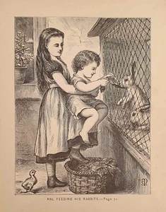 1875 Deliziosa Antica Stampa = BIMBI E CONIGLIETTO =ORIGINALE di ETA' VITTORIANA - Picture 1 of 1