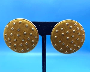 Ginnie Johansen Signed Clip Earrings 1980's Gold-Tone Suede Round Metal Beads - Picture 1 of 10