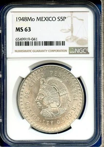 1948 Mo Mexico NGC MS63 Silver 5 Pesos S5P Cinco Pesos Cuauhtemoc MS-63 - Picture 1 of 3