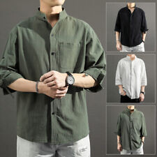 Men Casual Cotton Linen 3/4 Sleeve Shirt Japanese Stand Collar Tops Loose Blouse