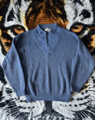 Vintage LL Bean Sweater Mens Large Blue Wool Blend Henley High Trek Yarn USA 80s - Image 1 of 4