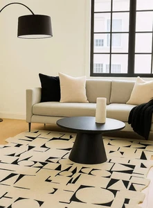 Hand Tufted Wool Rug: Black & Beige Abstract Geometric Design - Picture 1 of 4