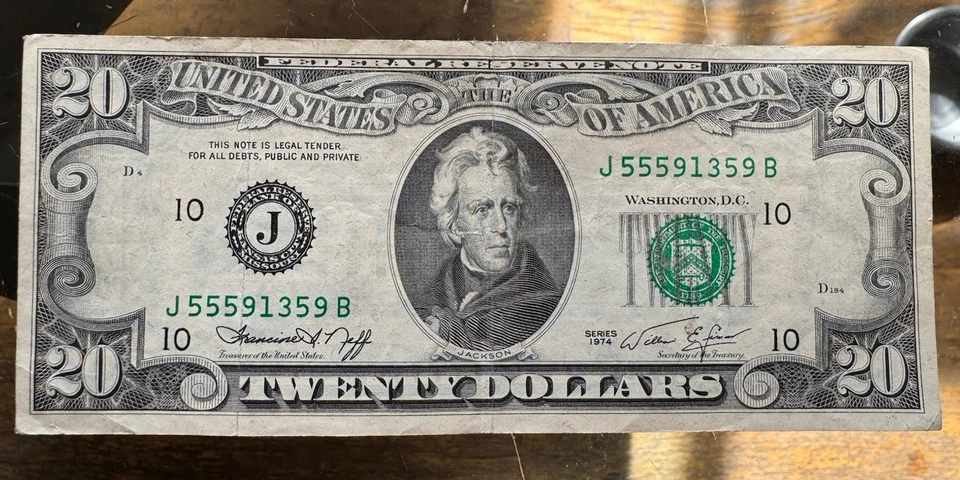Error 1974 Series Miscut Misprint Error Jackson Twenty Dollar Bill J 55591359 B - Image 1 of 4