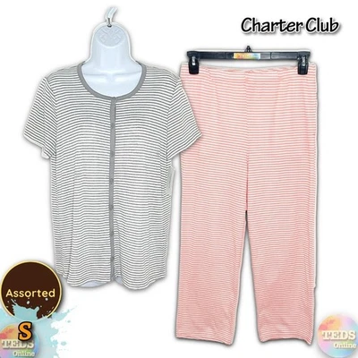 NUEVO CON ETIQUETAS Charter Club Mujer S Algodón Cuello Redondo Botón Conjunto Rayas Surtido Foto 1 de 4