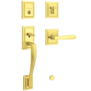 NEW Baldwin Torrey Pines Entry Door Handleset Keyed Deadbolt Satin Brass Lever - Picture 1 of 5