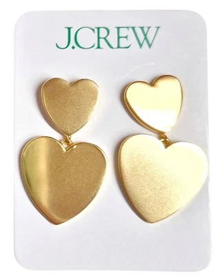 J.Crew Double Heart Drop Dangle Earrings Shiny Matte Gold Plated Brass CN642 New Foto 1 de 4