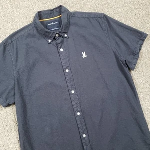 Camisa Pyscho Bunny Para Hombres Grande Azul Marino Seersucker Manga Corta Logotipo Abotonado - Imagen 1 de 11
