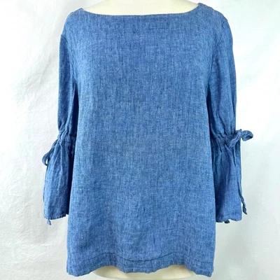 Top para mujer CHARTER CLUB azul 100 % lino cambray acampanado manga campana cuello barco XL Foto 1 de 4