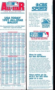 1991 USA TODAY MLB BASEBALL ALL STAR GAME BALLOT Toronto Blue Jays Unpunched  MT - Picture 1 of 1