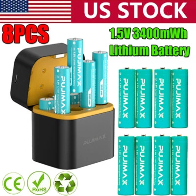 PUJIMAX 3400mWh 1.5V Rechargeable Lithium Batteries AA 8-Pack with Fast Charger - Image 1 of 4