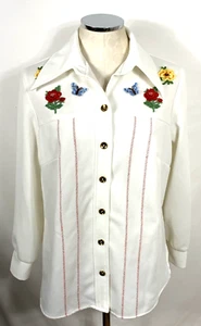 Rockabilly Western Cowgirl Shirt Jacket Sz M White Appliqué Knit Stretch FLAW - Picture 1 of 10