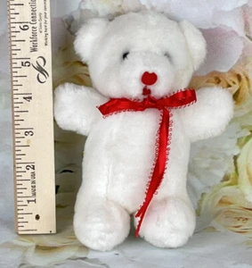 ACME White Bear 1985 Plush Stuffed Animal 6 Inch Soft Clean Cute Red Ribbon Vtg - Picture 1 of 10