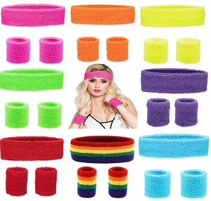 NEON Sweatbands Headband and 2 x Wrist Bands Set Fancy Dress 80s Party 9 COLOURS - Picture 1 of 15