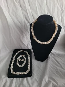 Kunstperlen weiß Halskette Armband Ohrringen Set Hochzeit Brautjungfer Frauen Mädchen 16"  - Bild 1 von 7