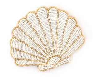 Seashell Beaded Coasters White & Gold Beaded Shells Coaster Set of 4 Handcrafted - Picture 1 of 10