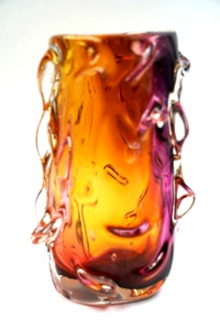 Vintage Murano Kunstglas mundgeblasene Vase lila & bernsteinfarben - Bild 1 von 5