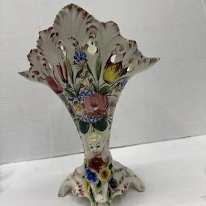 Vaso floreale rosa dipinto a mano vintage italiano marcato Italia anni 70 piccolo chip LEGGI - Foto 1 di 8