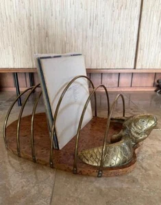 Retro Brass Sea Turtle Burl Wood Sculpture Records Magazine Rack Holder Display - Picture 1 of 12